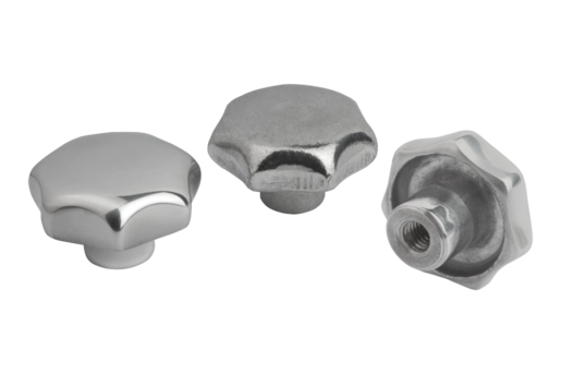 Empuñaduras en estrella similares a DIN 6336 de aluminio, forma E, agujero ciego roscado