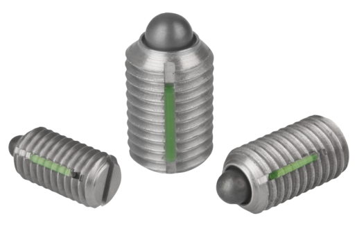 Spring plungers with slot and thrust pin, stainless steel, with thread lock