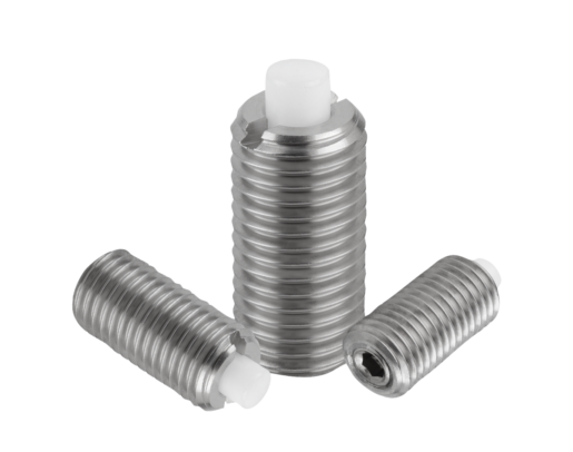 Spring plungers with hexagon socket and flattened POM thrust pin, stainless steel