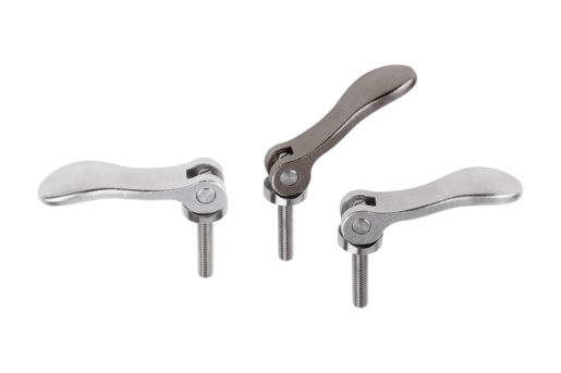 Cam levers, adjustable, stainless steel, with external thread; thrust washer stainless steel, inch