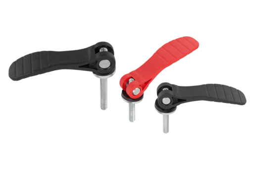 Cam levers, plastic, adjustable with external thread, plastic thrust washer and steel or stainless steel stud