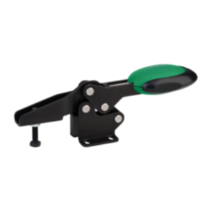 Toggle clamps horizontal with safety interlock with flat foot and adjustable clamping spindle