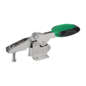 Toggle clamps horizontal with safety interlock with flat foot and adjustable clamping spindle, stainless steel