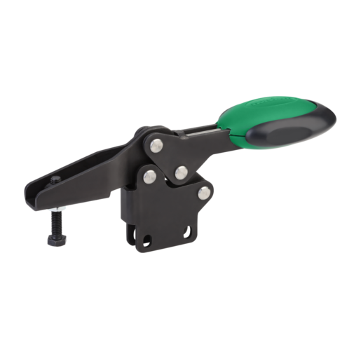 Toggle clamps horizontal with safety interlock with straight foot and adjustable clamping spindle
