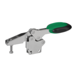 Toggle clamps horizontal with safety interlock with straight foot and adjustable clamping spindle, stainless steel