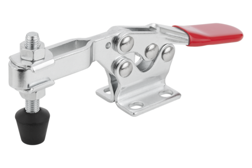 Toggle clamps horizontal with flat foot and adjustable clamping spindle