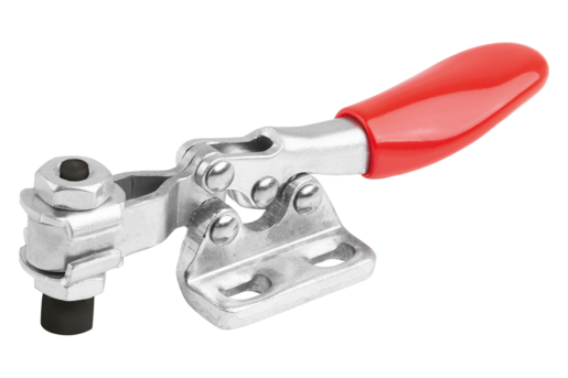 Toggle clamp mini, horizontal with flat left foot and adjustable clamping spindle