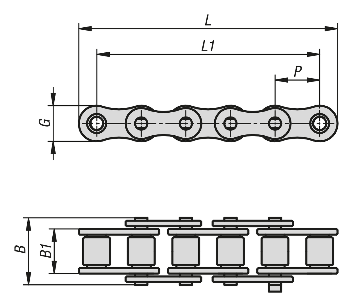 Roller chains, steel, for chain clamp sets