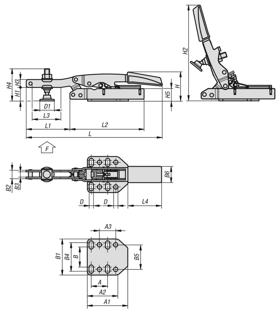 Toggle clamps variable, horizontal, with horizontal foot