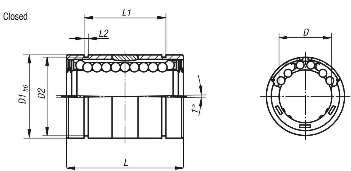 Linear ball bearings with angle error adjustment, high basic load rating, closed