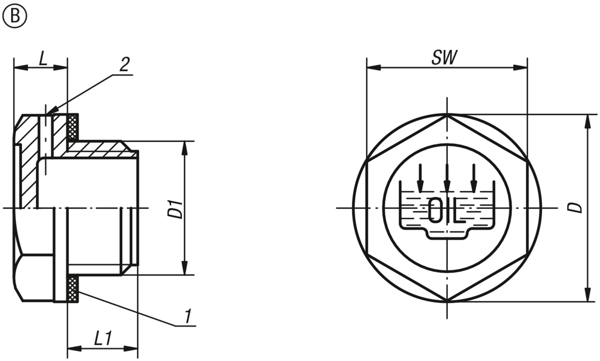 Screw plugs Form B, with fill symbol and vent hole