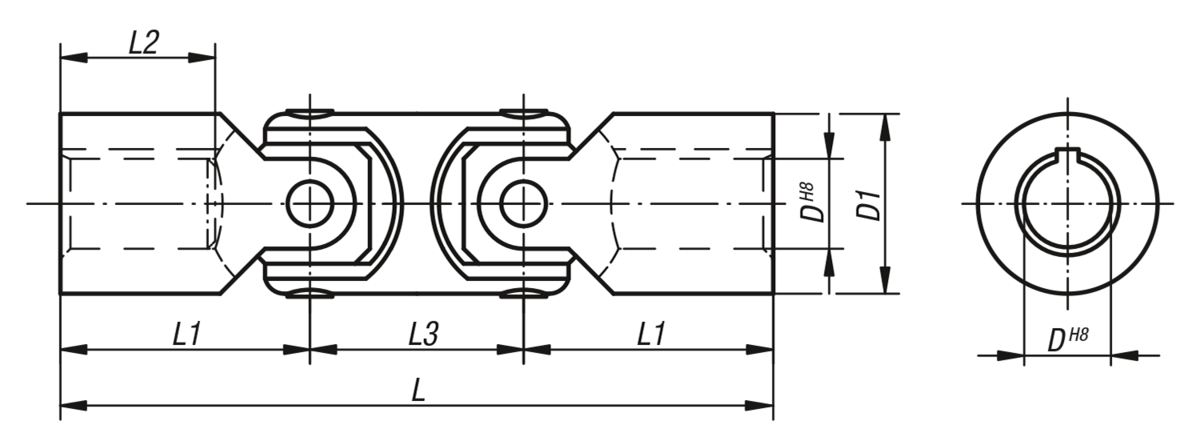 Articulaciones del árbol dobles con cojinete de deslizamiento, versión basta, DIN 808
