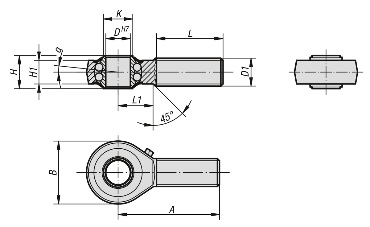 Vástagos articulados con rodamiento de bolas y rosca exterior, DIN ISO 12240-4