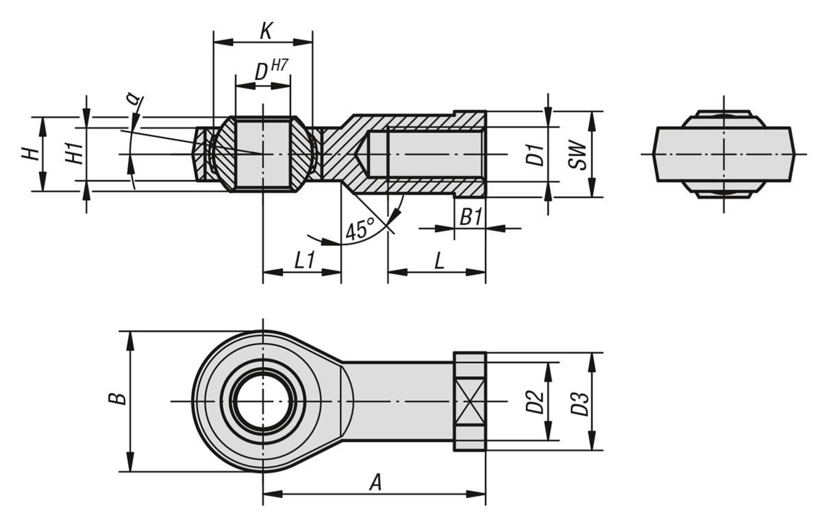 Vástagos articulados con rodamiento deslizante y rosca interior, DIN ISO 12240-4