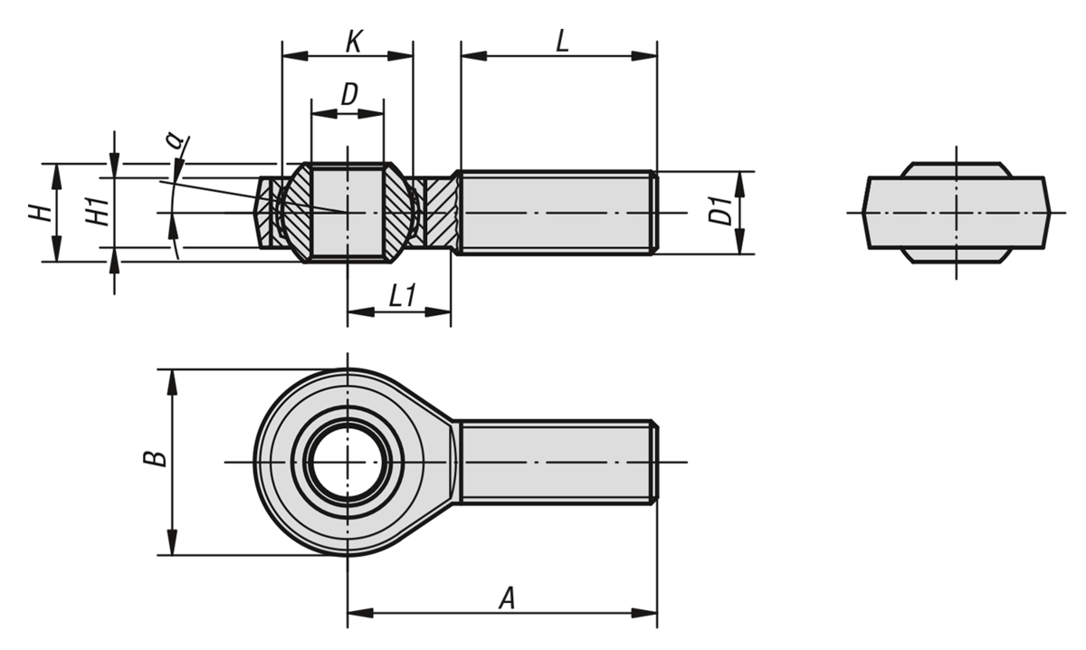 Vástagos articulados con rodamiento deslizante y rosca exterior, versión estrecha, DIN ISO 12240-4