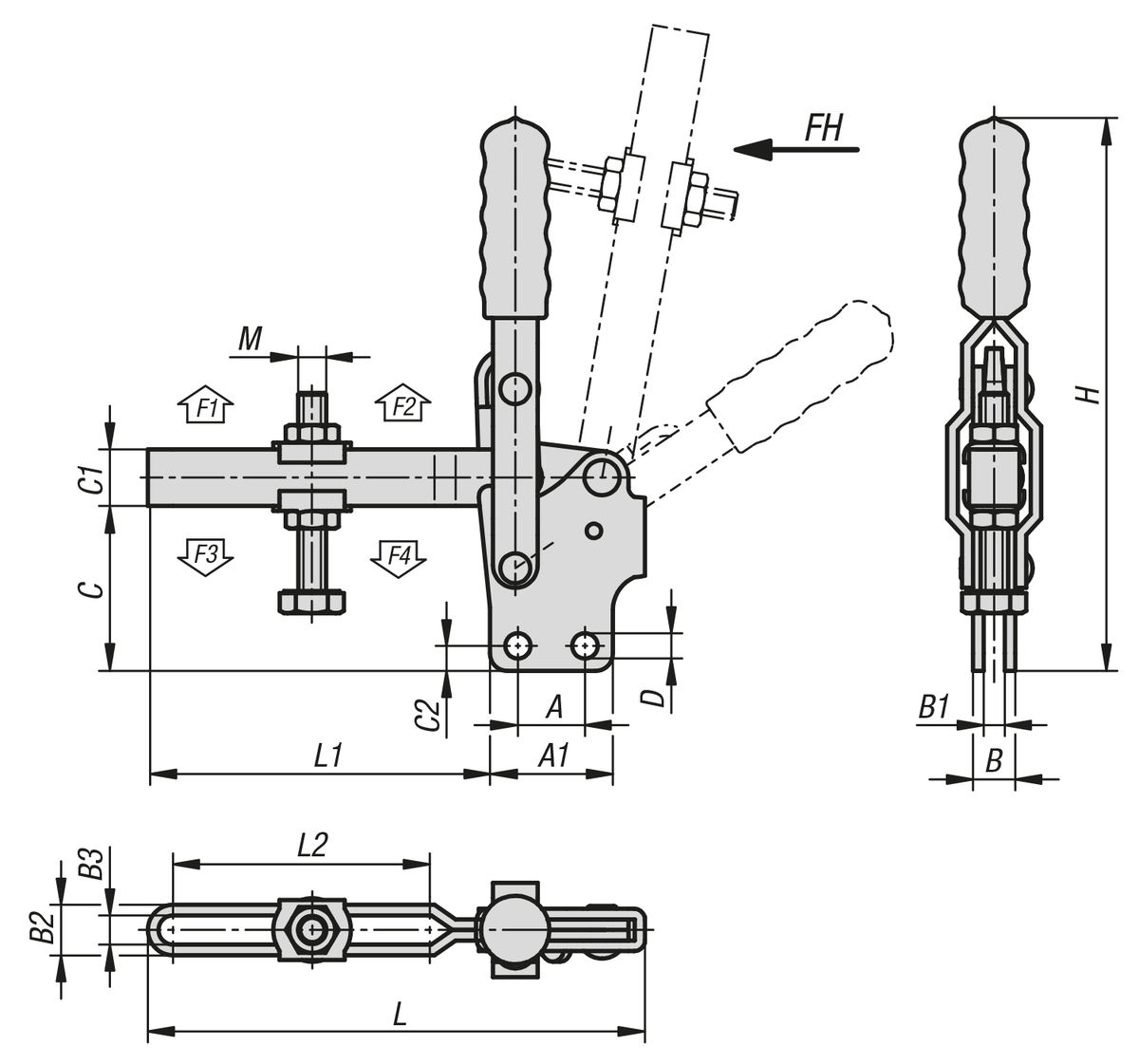 Toggle clamps vertical with straight foot and adjustable clamping spindle