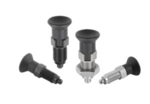 Doigt d'indexage premium en acier ou en inox avec bouton de manœuvre en plastique et doigt d'arrêt cylindrique  Doigt d'indexage premium en acier ou en inox avec bouton de manœuvre en plastique et doigt d'arrêt cylindrique