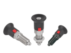 Doigt d'indexage en acier ou en inox avec bouton de manœuvre en plastique et verrouillage Doigt d'indexage en acier ou en inox avec bouton de manœuvre en plastique et verrouillage