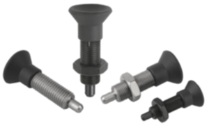 Doigt d'indexage en acier ou en inox sans embase avec bouton de manœuvre en plastique et doigt d'arrêt allongé Doigt d'indexage en acier ou en inox sans embase avec bouton de manœuvre en plastique et doigt d'arrêt allongé