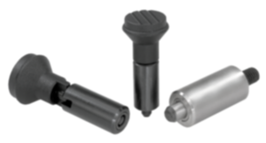 Doigts d’indexage en acier ou en inox, modèle lisse, sans embase, avec bouton de manœuvre en plastique, avec couvercle Doigts d’indexage en acier ou en inox, modèle lisse, sans embase, avec bouton de manœuvre en plastique, avec couvercle