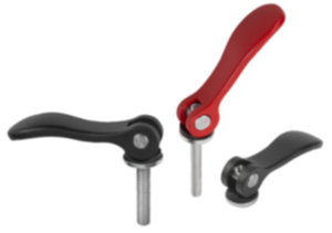 Cam levers, aluminium with internal or external thread, plastic thrust washer and steel or stainless steel stud