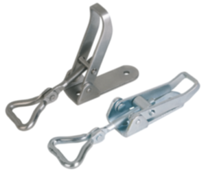 Grenouillères en acier ou en inox avec étrier de serrage triangulaire mobile jusqu’à 1 000 N, réglables, trous de fixation visibles Grenouillères en acier ou en inox avec étrier de serrage triangulaire mobile jusqu’à 1 000 N, réglables, trous de fixation visibles