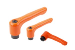 Clamping levers, die-cast zinc, flat with internal thread, pure orange satin finish, threaded insert black oxidised steel Clamping levers, die-cast zinc, flat with internal thread, pure orange satin finish, threaded insert black oxidised steel