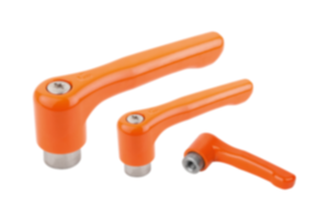 Manettes indexables en zinc injecté haute pression, plates, avec taraudage, satinées mates orange vif, insert fileté en inox - inch Manettes indexables en zinc injecté haute pression, plates, avec taraudage, satinées mates orange vif, insert fileté en inox - inch