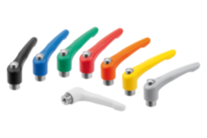 Clamping levers, die-cast zinc with internal thread and protective cap, threaded insert stainless steel Clamping levers, die-cast zinc with internal thread and protective cap, threaded insert stainless steel