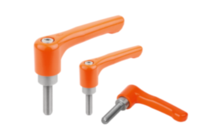 Clamping levers, die-cast zinc, flat with external thread, pure orange satin finish, threaded insert stainless steel Clamping levers, die-cast zinc, flat with external thread, pure orange satin finish, threaded insert stainless steel