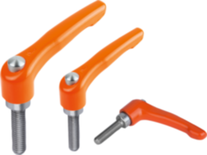 Manettes indexables en zinc injecté haute pression avec filetage et bouchon de protection, satinées mates orange vif, insert fileté en inox - inch Manettes indexables en zinc injecté haute pression avec filetage et bouchon de protection, satinées mates orange vif, insert fileté en inox - inch