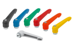 Manettes indexables en plastique, avec taraudage et anneau denté en zinc, insert fileté en acier passivé bleu Manettes indexables en plastique, avec taraudage et anneau denté en zinc, insert fileté en acier passivé bleu