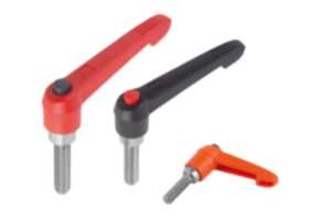 Clamping levers, plastic with external thread and push button, threaded insert stainless steel Clamping levers, plastic with external thread and push button, threaded insert stainless steel