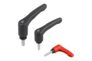 Clamping levers, plastic, with external thread and safety function, threaded pin blue passivated steel Clamping levers, plastic, with external thread and safety function, threaded pin blue passivated steel