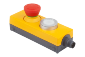 Bouton d'arrêt d'urgence avec bouton poussoir dans boîtier « Minibox » Ø 22,3 mm raccord M12