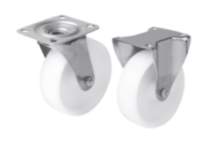 Roulettes pivotantes ou fixes en inox avec roue en polyamide, modèle standard Roulettes pivotantes ou fixes en inox avec roue en polyamide, modèle standard