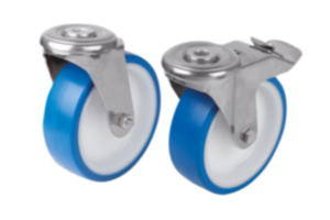 Roulettes pivotantes en inox avec trou au dos, avec bande de roulement en polyuréthane, pour applications sanitaires Roulettes pivotantes en inox avec trou au dos, avec bande de roulement en polyuréthane, pour applications sanitaires