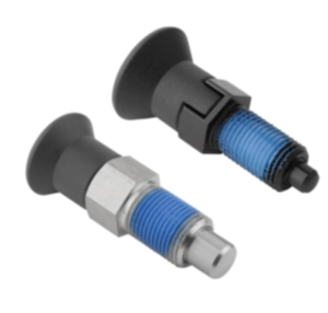 Doigt d'indexage en acier ou en inox avec bouton de manœuvre en plastique et frein-filet Doigt d'indexage en acier ou en inox avec bouton de manœuvre en plastique et frein-filet