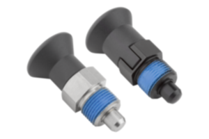 Doigt d'indexage en acier ou en inox modèle court avec bouton de manœuvre en plastique et frein-filet Doigt d'indexage en acier ou en inox modèle court avec bouton de manœuvre en plastique et frein-filet