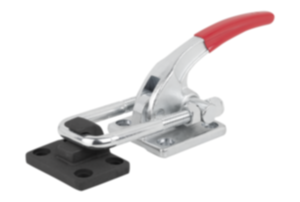 Horizontal latch clamps, steel or stainless steel, heavy-duty version with catch plate and red plastic grip Horizontal latch clamps, steel or stainless steel, heavy-duty version with catch plate and red plastic grip