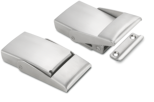 Grenouillères en inox avec étrier en tôle et déclencheur, trous de fixation cachés Grenouillères en inox avec étrier en tôle et déclencheur, trous de fixation cachés