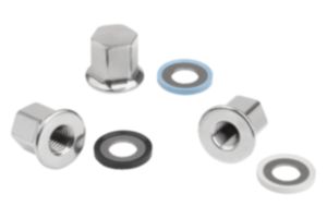 Stainless steel cap nuts with collar and seal and shim washer for Hygienic USIT® set Stainless steel cap nuts with collar and seal and shim washer for Hygienic USIT® set