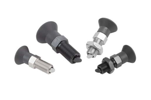 Indexing plungers, steel or stainless steel with plastic mushroom grip, rotation lock and lead-in chamfer