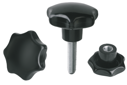 Bouton étoile en plastique similaire à DIN 6336, avec insert en inox