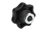 Bouton étoile, forme H, avec douille acier saillante et insert avec trou borgne