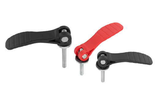 Cam levers, adjustable, with plastic grip and external thread, steel or stainless steel, inch