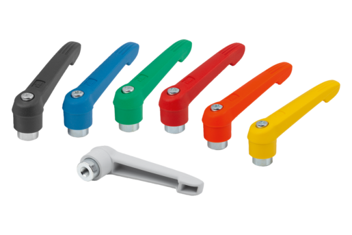 Manette indexable en plastique taraudée, pièces en acier zingué passivé bleu