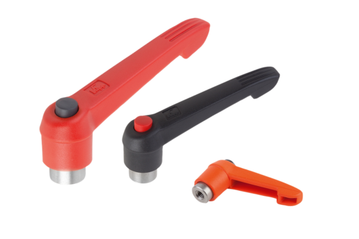 Manette indexable avec taraudage et bouton de dégagement, insert en inox, pouces