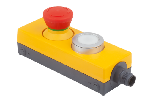 Bouton d'arrêt d'urgence avec bouton poussoir dans boîtier « Minibox » Ø 22,3 mm raccord M12