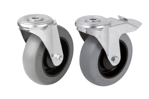 Swivel castors, steel plate with soft rubber tyres and bolt hole